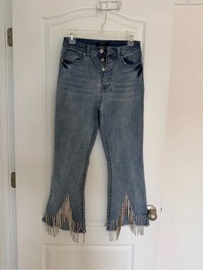 High-Rise Blue Denim Jeans with Fringe Rhinstone Hem